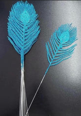 Frunze decorative pene albastre cu sclipici - 12 buc/set